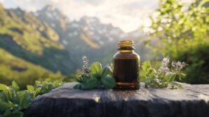 Une petite bouteille en verre ambré de shilajit pur est posée sur une souche d'arbre avec des feuilles de menthe fraîche, du shilajit en bocal et du shilajit en résine à proximité.