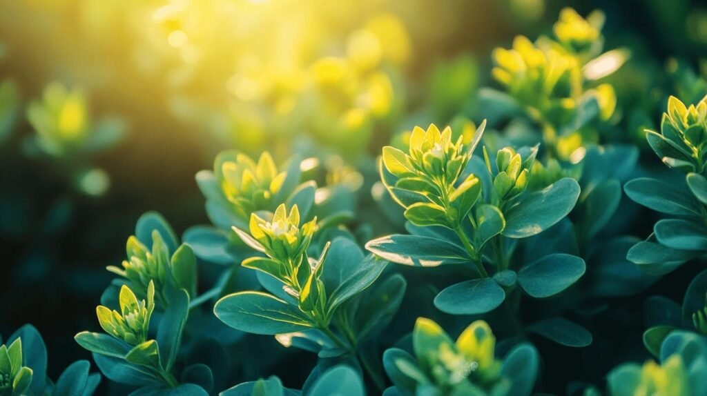 Gros plan de plantes à feuilles vertes, shilajit, shilajit pur, shilajit en bocal, shilajit resine à la lumière du soleil, vibrante avec des reflets jaunes.