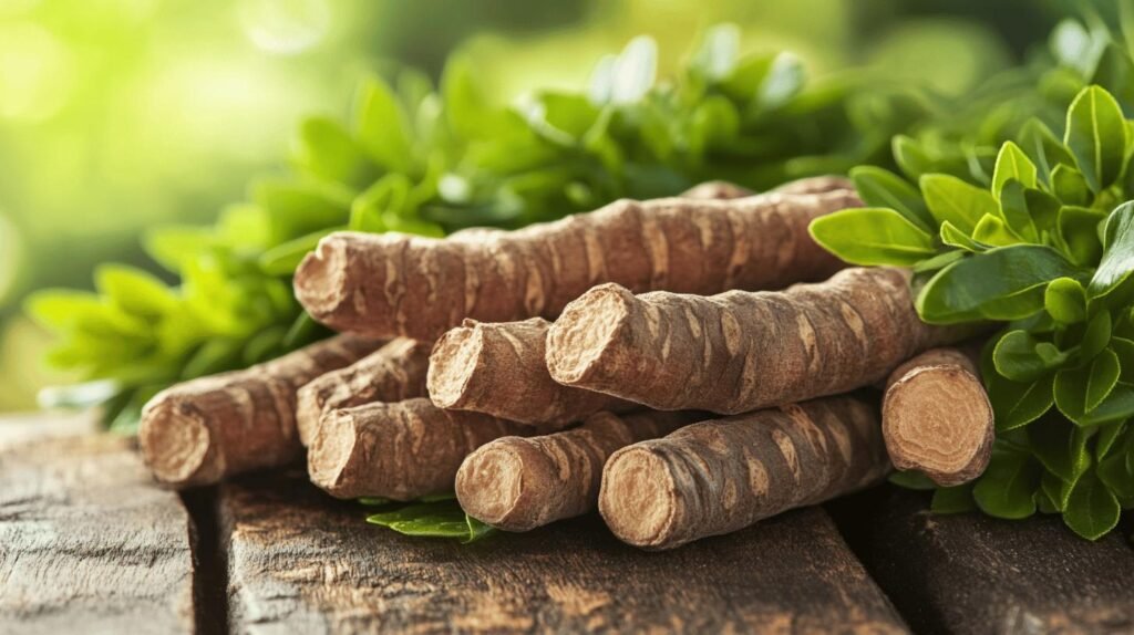 Plusieurs racines d'ashwagandha avec shilajit, shilajit pur, shilajit en bocal, et shilajit resine sur du bois avec des feuilles vertes.