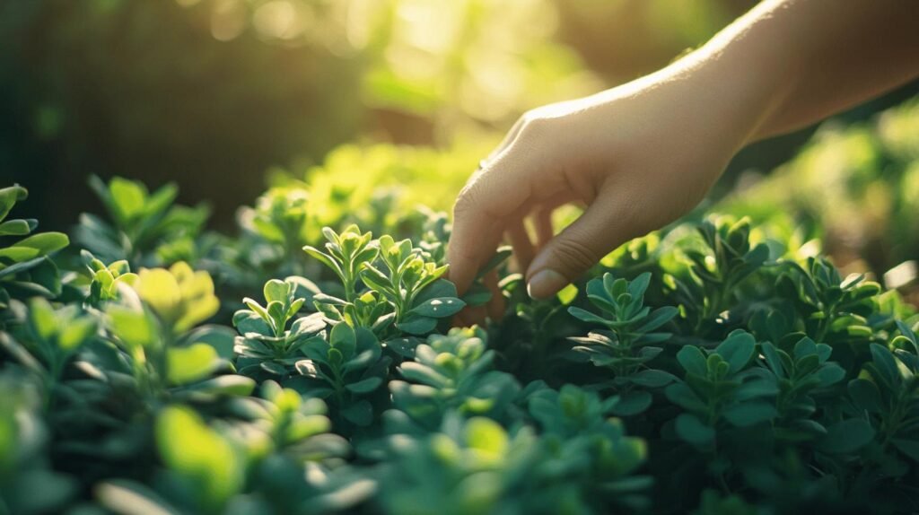 Dans un jardin ensoleillé, une main contenant du shilajit pur effleure délicatement des feuilles vertes luxuriantes à côté d'un pot de shilajit résine, témoignant de la fraîcheur.