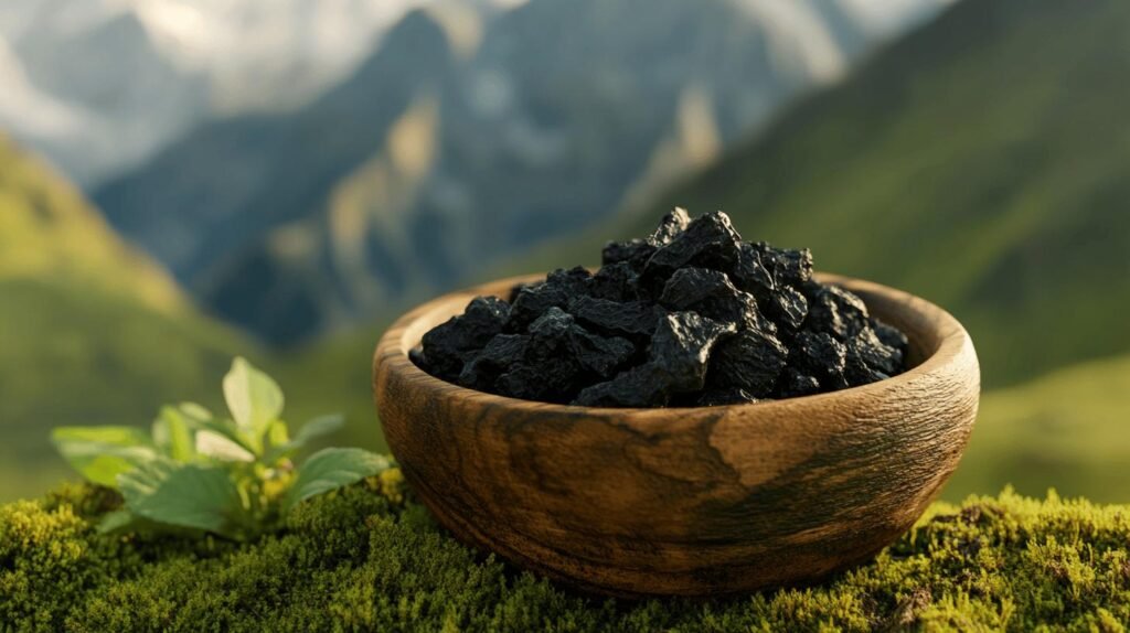 Un bol en bois contenant de la résine de shilajit noire, étiquetée shilajit pur et shilajit en bocal, sur de la mousse, au milieu de montagnes et de plantes vertes.