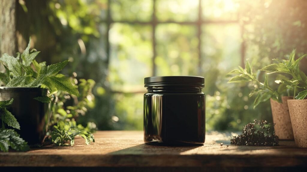 Un pot de shilajit noir avec un couvercle fermé, étiqueté shilajit pur, est posé sur une table rustique, la lumière du soleil éclairant la résine de shilajit.