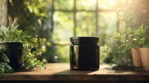 Un pot de shilajit noir avec un couvercle fermé, étiqueté shilajit pur, est posé sur une table rustique, la lumière du soleil éclairant la résine de shilajit.