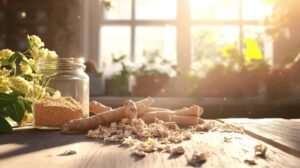 Un pot de verre contenant de la poudre de shilajit pur est posé sur une table ensoleillée, près de racines, de pétales et de plantes séchées ; shilajit en résine bocal.