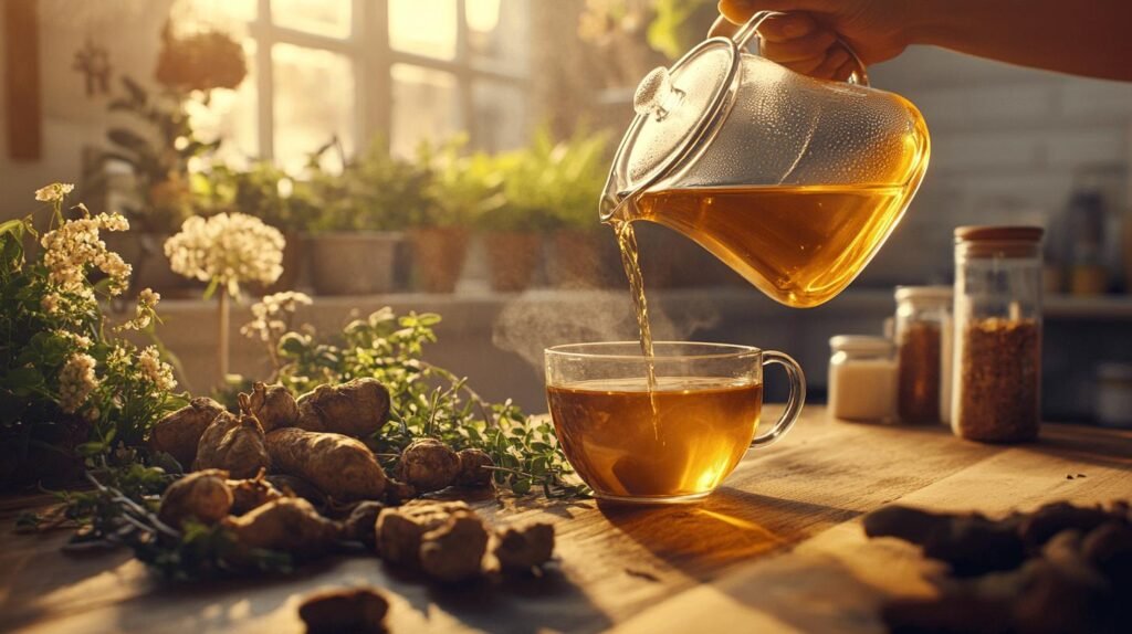 Une main verse une tisane d'une théière en verre dans une tasse à thé sur une table rustique avec shilajit, shilajit pur, shilajit en bocal et shilajit resine à proximité.