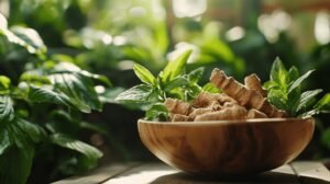 Un bol en bois contenant du gingembre frais, des feuilles de menthe et du shilajit pur est posé sur une table près de shilajit en bocal, de plantes luxuriantes et du soleil.