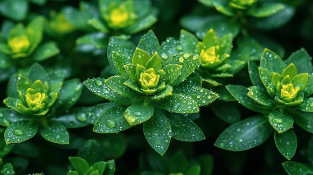 Gros plan sur des plantes succulentes vertes avec du shilajit pur en bocal, des gouttes de résine de shilajit, et des feuilles vibrantes et fraîches comme le shilajit.