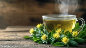 Une tasse en verre transparent contenant une tisane fumante avec du shilajit, du shilajit pur, du shilajit en bocal et du shilajit resine sur une table en bois rustique.