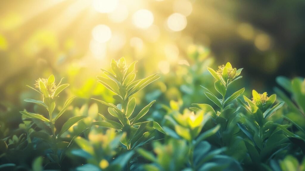 La lumière du soleil brille sur les plantes verdoyantes et le shilajit en bocal, les fleurs bourgeonnantes et le shilajit resine pur brillent dans un cadre paisible.