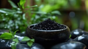 Un petit bol noir de shilajit pur et de shilajit résine sur des pierres sombres, étiqueté shilajit en bocal, au milieu d'un feuillage vert luxuriant.