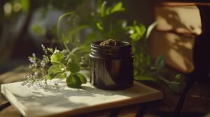 Un pot en verre foncé de shilajit pur, étiqueté shilajit en bocal et shilajit resine, sur un cahier avec des herbes et des livres flous.