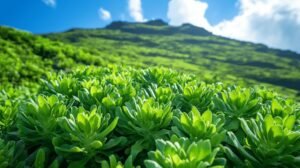 Gros plan sur des plantes vertes luxuriantes, shilajit pur, shilajit en bocal au premier plan, colline ensoleillée et ciel avec nuages derrière.
