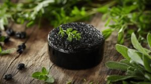 Un bloc rond de shilajit pur est posé sur du bois rustique avec des herbes fraîches, de la résine de shilajit, du shilajit en bocal et des herbes vertes à proximité.