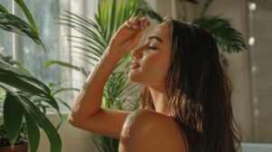 Une femme aux cheveux mouillés et à la peau luisante, les yeux fermés, près de shilajit pur, shilajit en bocal, et de plantes luxuriantes dans une fenêtre éclairée par le soleil.