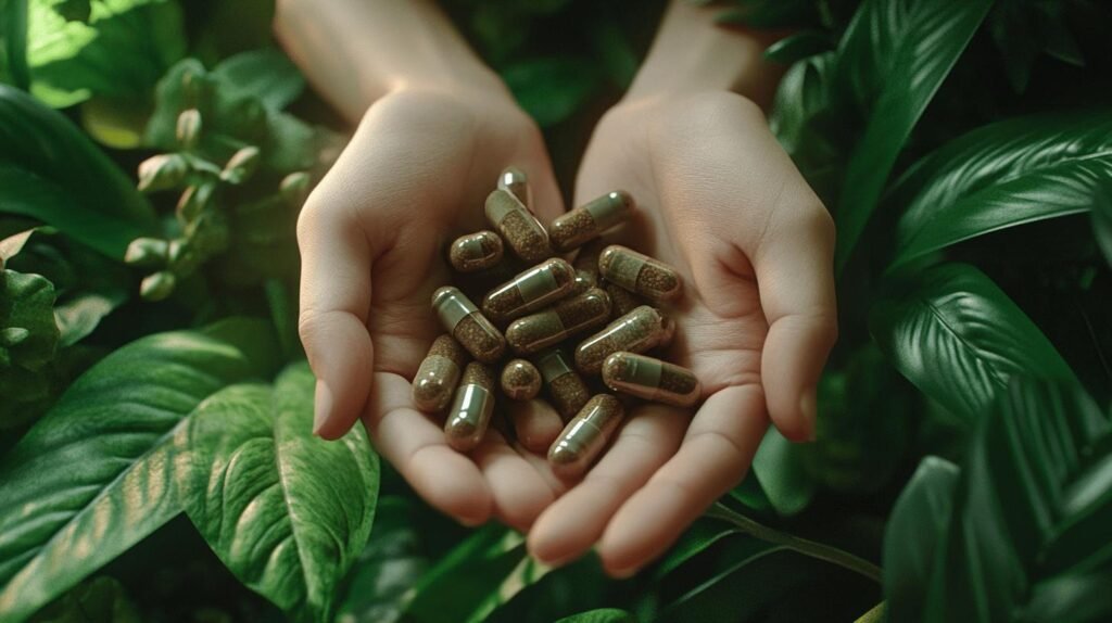 Une paire de mains tient des capsules de shilajit resine, entourées de feuilles vertes luxuriantes, évoquant le shilajit pur et le shilajit en bocal.