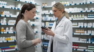 Un pharmacien en blouse blanche aide une femme à l'aide d'une tablette alors que des étagères présentent des médicaments, du shilajit, du shilajit pur, du shilajit en bocal et du shilajit résine.