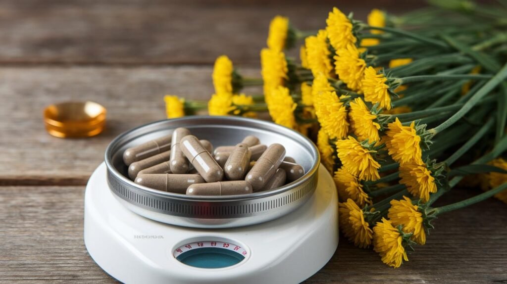 Une balance digitale affiche le shilajit, les gélules de shilajit pur dans un plat en métal, avec du pissenlit frais et du shilajit dans un récipient en résine bocal.