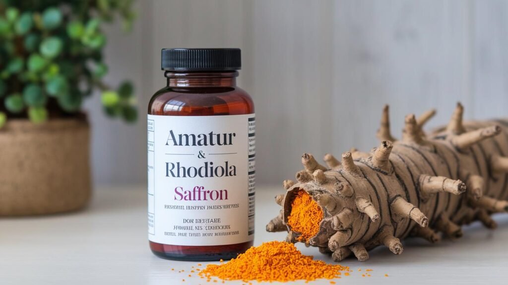 Un flacon étiqueté "Amatur & Rhodiola Saffron" contenant du shilajit pur, du shilajit résine, du shilajit en bocal assis sur des racines et de la poudre de safran.