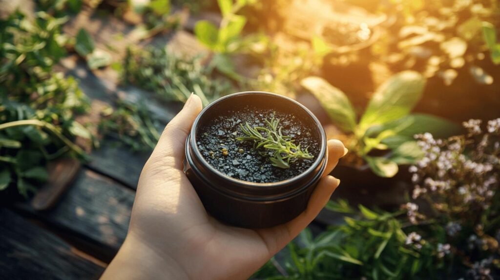 Une main tient un petit pot noir de shilajit pur avec une jeune plante verte, shilajit en bocal, shilajit résine en terre et au soleil.