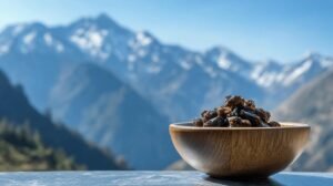 Un bol en bois rempli de fruits secs et de shilajit pur est posé sur un rebord, avec du shilajit en bocal et de la résine au milieu des montagnes enneigées.