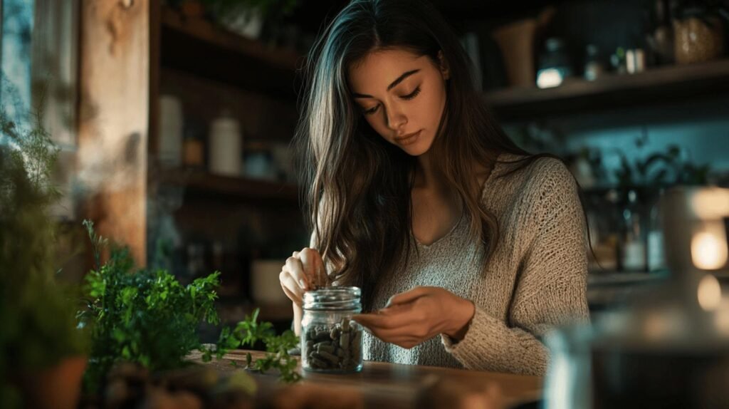 Une jeune femme aux cheveux longs, vêtue d'un pull douillet, est assise à une table en bois, prenant du shilajit pur ou du shilajit résine dans un pot en verre étiqueté shilajit en bocal, entourée de verdure fraîche et d'ustensiles de cuisine.