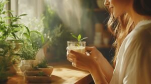 Une femme est assise à une table en bois avec du shilajit pur, du shilajit en bocal et des herbes en pot ; la lumière du soleil brille sur le shilajit resine.