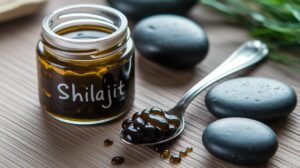 Un bocal de shilajit pur étiqueté "Shilajit", rempli de shilajit résine, posé sur une table, avec des pierres et feuilles vertes.