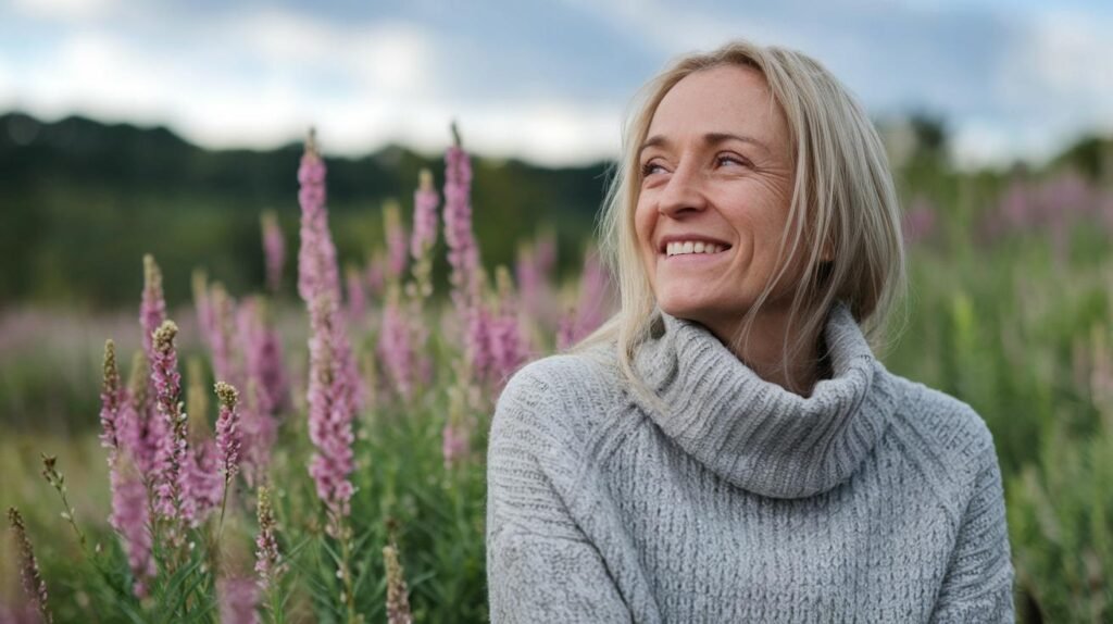Une femme ayant pris du shilajit, du shilajit pur, du shilajit en bocal et du shilajit resine sourit au milieu de fleurs sauvages roses sous un ciel nuageux.