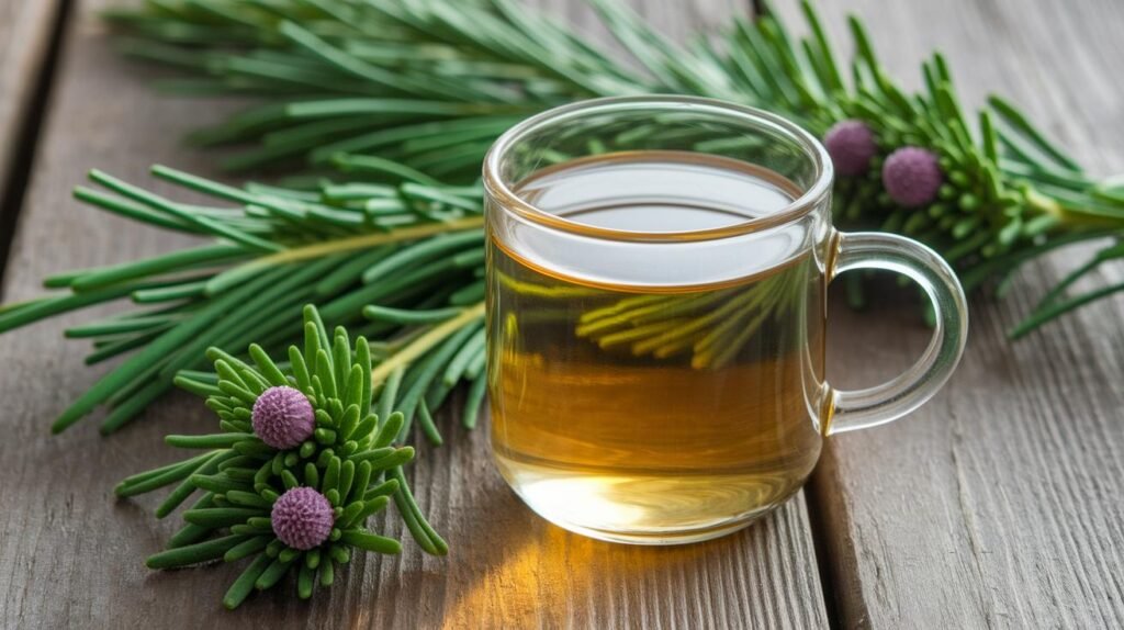 Une tasse en verre contenant une tisane de shilajit, de shilajit pur, de shilajit en bocal et de shilajit resine est posée sur une table en bois avec des brindilles d'épicéa et de petites baies violettes.