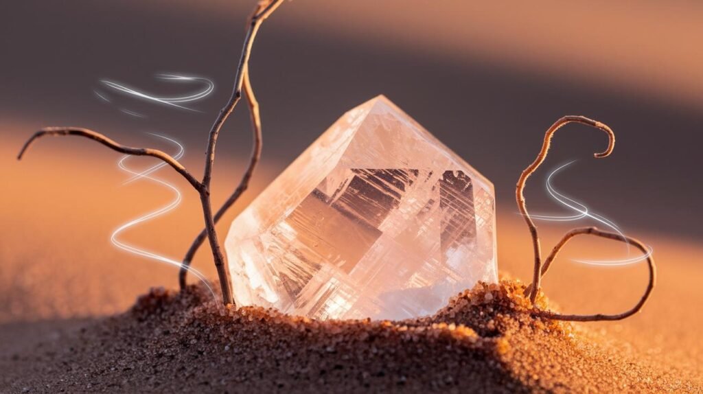 Un cristal de shilajit clair et facetté, partiellement enfoui dans le sable, avec des brindilles qui s'enroulent et des lignes lumineuses, le shilajit pur s'illumine chaudement.