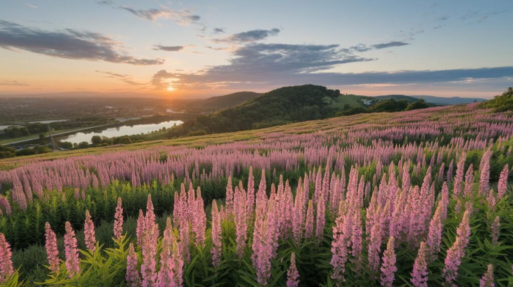 Un champ de fleurs sauvages roses et des pots de shilajit pur, shilajit resine sur des collines au coucher du soleil, avec une rivière et des nuages en vue.