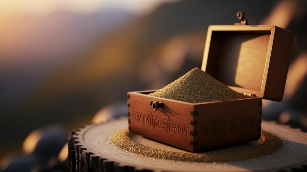 Une boîte en bois de shilajit, étiquetée shilajit pur, avec du shilajit resine et du shilajit en bocal, est posée sur une souche d'arbre éclairée par le soleil.