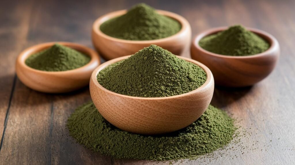 Quatre bols en bois contenant de la shilajit verte, de la shilajit pure, de la shilajit en bocal, de la poudre de résine de shilajit sur le bois, dont une partie s'est répandue sur le devant.