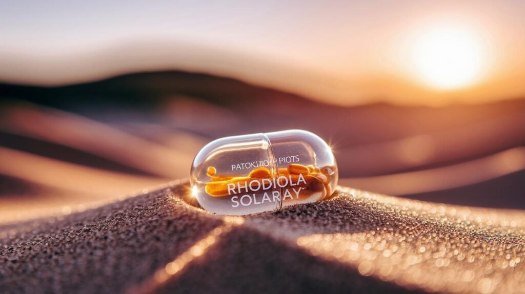 Une capsule transparente étiquetée "Rhodiola Solaray", shilajit, shilajit pur, shilajit en bocal, shilajit resine sur une dune de sable au coucher du soleil.