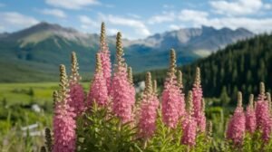 Gros plan sur de grandes fleurs sauvages roses près de pots de shilajit pur, avec des champs verts, une forêt dense, des montagnes et la résine de shilajit en vue.