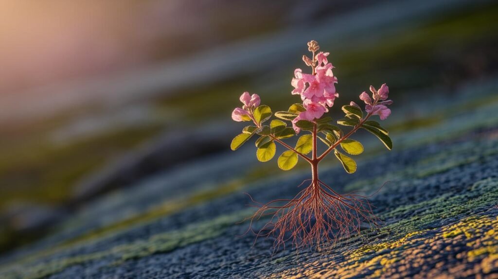 Une petite plante avec des fleurs roses, du shilajit pur, des racines visibles, du shilajit en bocal et du shilajit resine en plein soleil à l'extérieur.