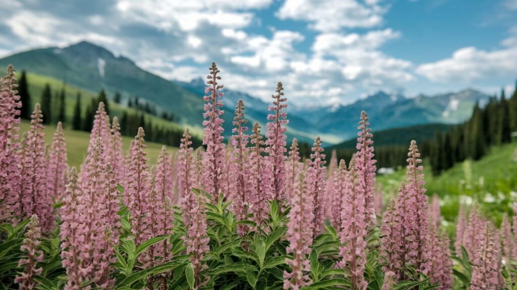 Champ de fleurs sauvages roses, shilajit, shilajit pur, shilajit en bocal, et shilajit resine au milieu de collines vertes et de montagnes sous les nuages.