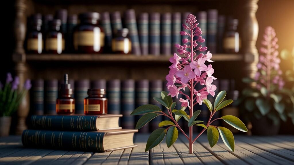 Une plante à fleurs roses, du shilajit, du shilajit pur, du shilajit en bocal et du shilajit résine sur une table avec des livres et des bouteilles à la lumière du soleil.
