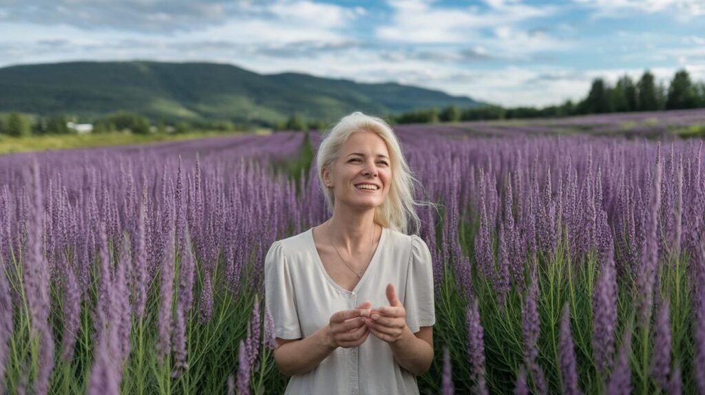 Une femme souriante tient du shilajit, du shilajit pur, du shilajit en bocal et du shilajit resine parmi des brins de lavande dans un champ en fleurs.