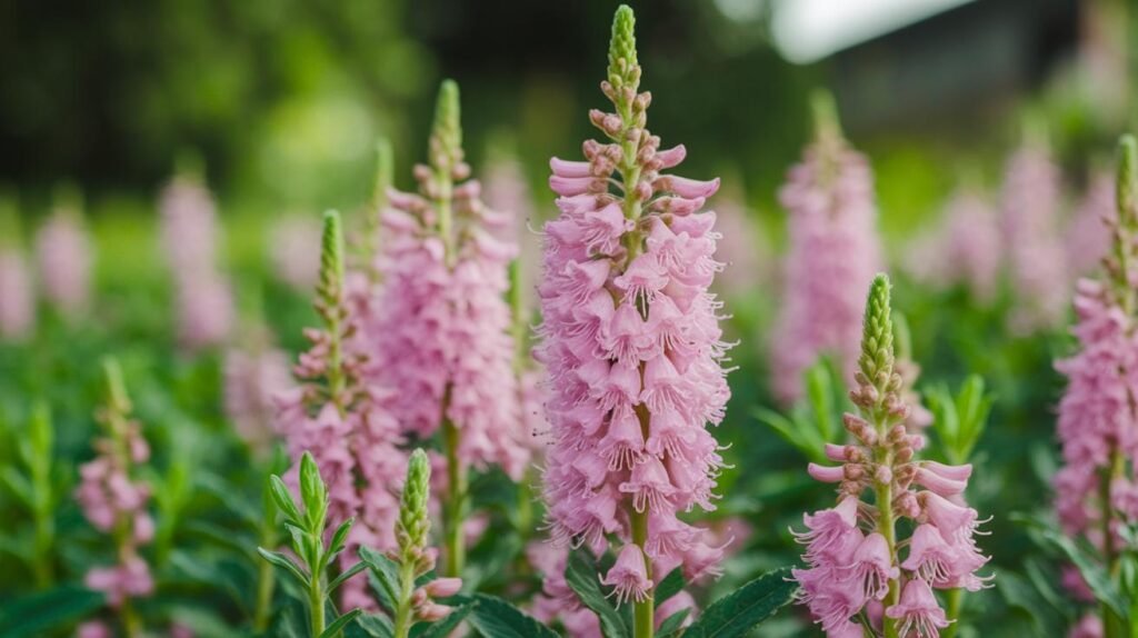 Des fleurs de véronique roses et hérissées s'épanouissent près de shilajit pur, de shilajit en bocal et de shilajit resine parmi des feuilles vertes au centre de l'image.