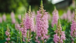 Des fleurs de véronique roses et hérissées s'épanouissent près de shilajit pur, de shilajit en bocal et de shilajit resine parmi des feuilles vertes au centre de l'image.