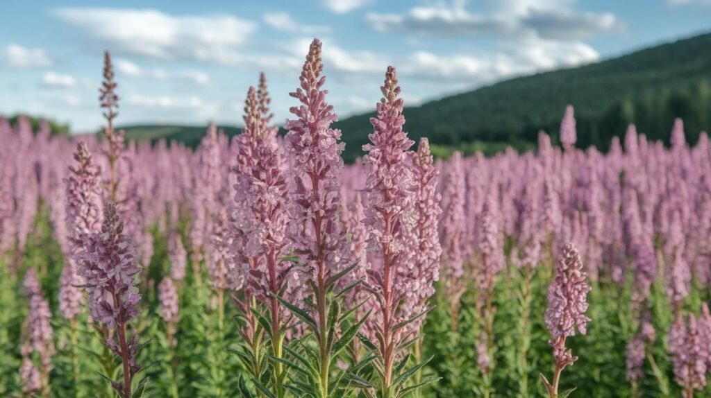 Un champ de fleurs sauvages hautes et roses avec des fleurs de shilajit pur et shilajit en bocal, shilajit resine sous un ciel partiellement nuageux.