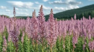 Un champ de fleurs sauvages hautes et roses avec des fleurs de shilajit pur et shilajit en bocal, shilajit resine sous un ciel partiellement nuageux.
