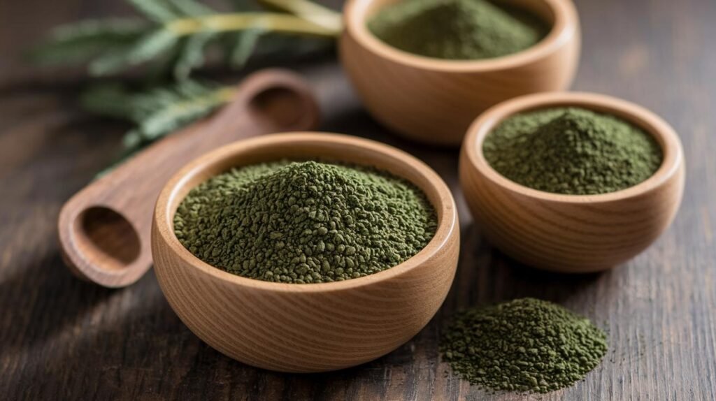 Trois bols en bois contenant de la poudre verte, du shilajit, du shilajit pur et de la résine de shilajit sur une surface rustique avec une pelle et des feuilles.