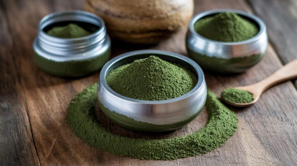 Trois bols en métal avec de la spiruline verte en poudre, du shilajit, du shilajit pur, du shilajit en bocal et du shilajit résiné sur une surface en bois.