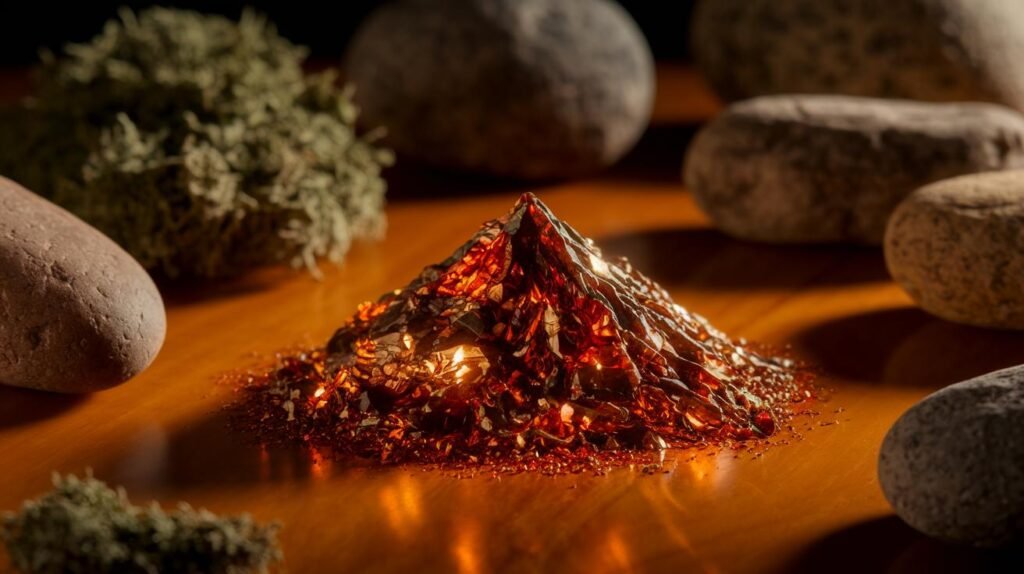 Une petite pyramide de shilajit incandescente composée de cristaux brillants rouge-orange est posée à côté d'un bocal de shilajit pur, avec de la mousse et des pierres. Shilajit résine.