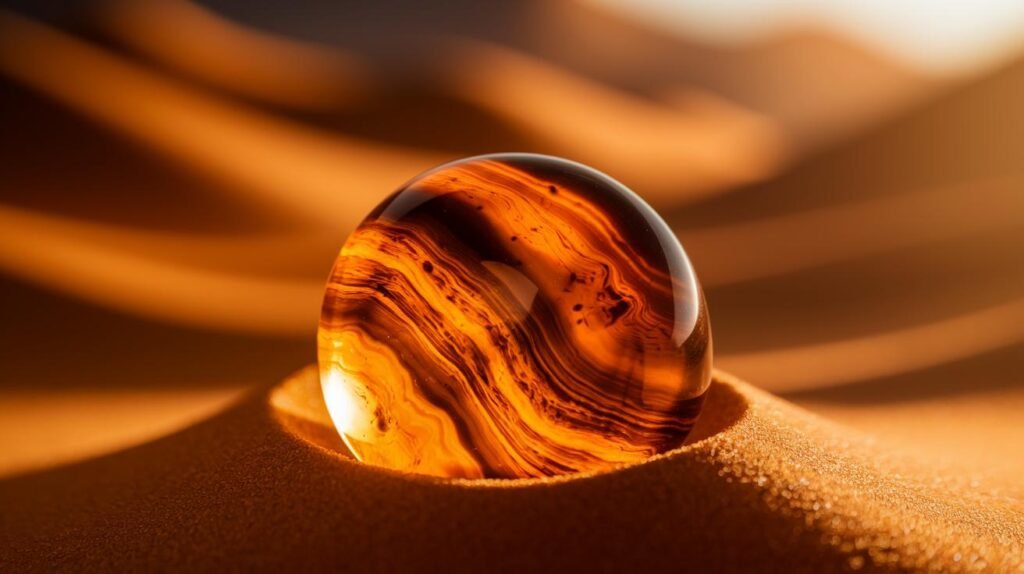 Une sphère de shilajit pur polie, brun-orange avec des motifs tourbillonnants, repose sur des dunes ensoleillées comme le shilajit en bocal ou en résine.