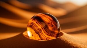 Une sphère de shilajit pur polie, brun-orange avec des motifs tourbillonnants, repose sur des dunes ensoleillées comme le shilajit en bocal ou en résine.