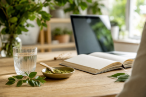 Compléments naturels et carnet sur une table en bois clair, dans une ambiance lumineuse propice à la concentration.