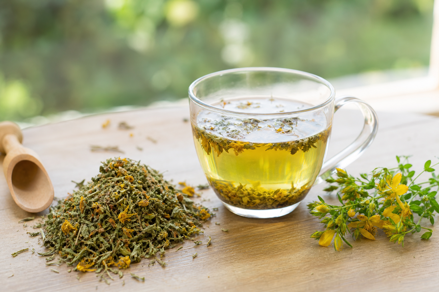 Millepertuis séché et infusion de la plante dans une tasse en verre